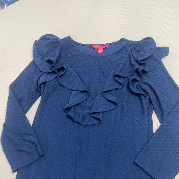 Lilly Pulitzer Pheby Oyster Bay Navy Blue Cozy Knit Swiss Dot Ruffle Dress Small - Picture 2 of 7